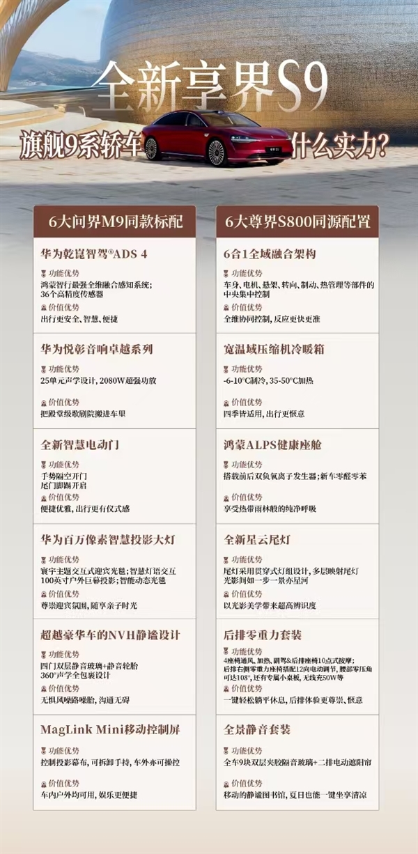 鸿蒙智行最美轿车!新款享界S9开启预订:预售价31.8万起