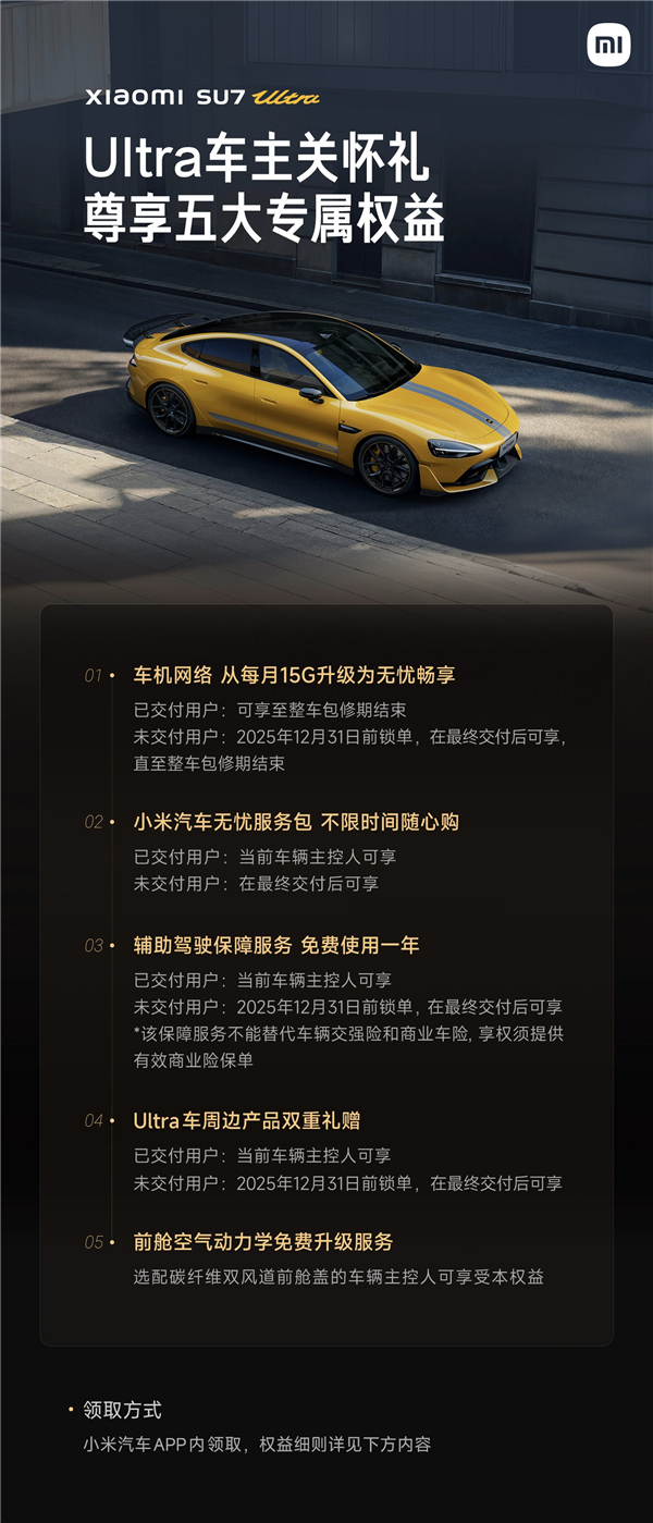 一图看懂:小米上线Ultra车主关怀礼 五大权益