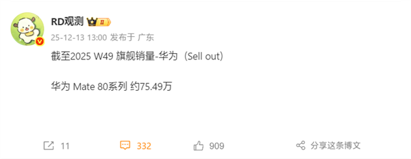 华为份额重回中国第一！Mate 80系列销量达75.49万